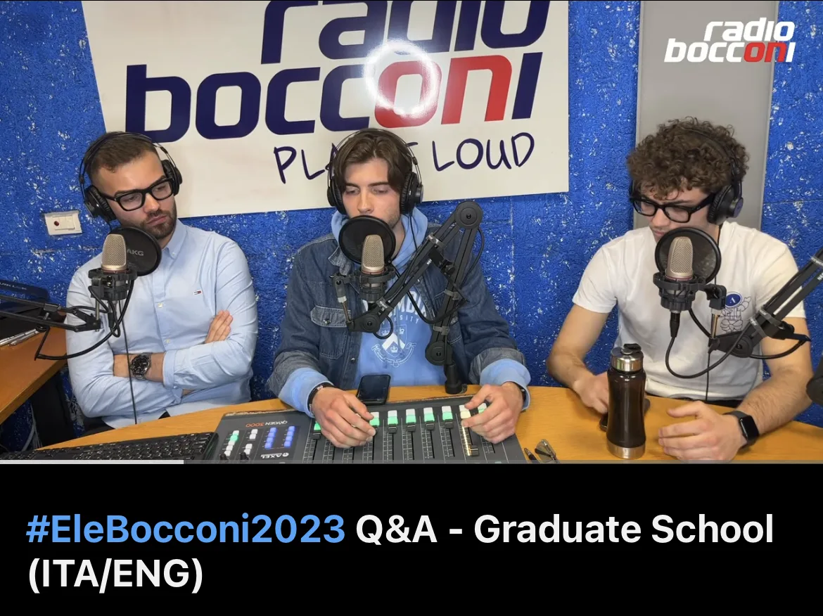 Saverio at the Radio Bocconi microphones for the 2023 graduate school election Q&A
